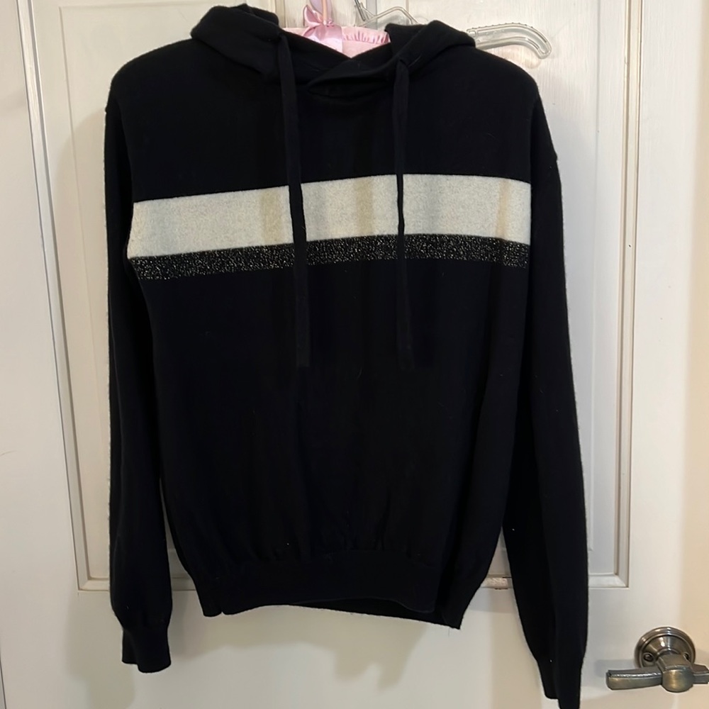 Generation Love wool black hoodie ribbed cuffs hem white & sparkle stripe across